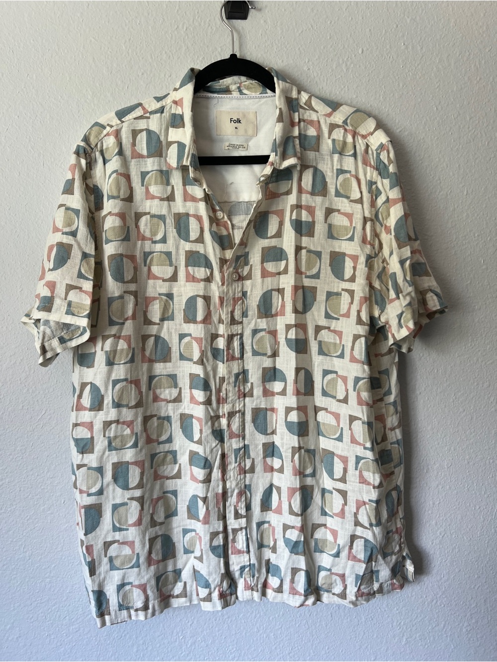Folk Block Button Shirt Mens XL Geometric Pattern Casual Preppy